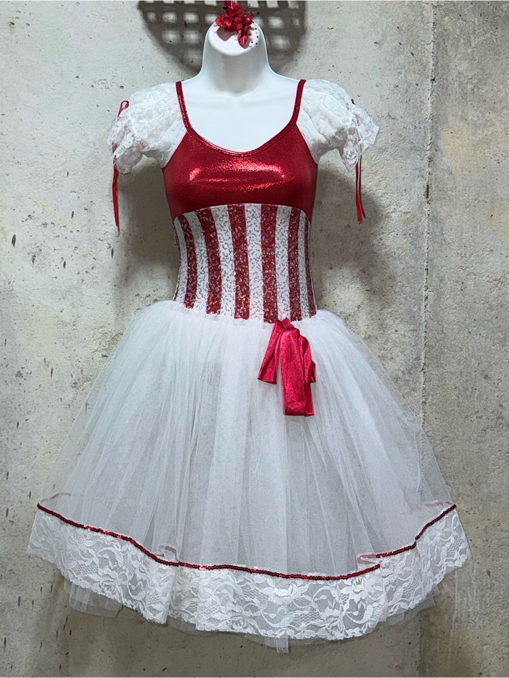 Girls Red White Sequin Tulle Dress Costume Child Medium Mary Poppins Style
